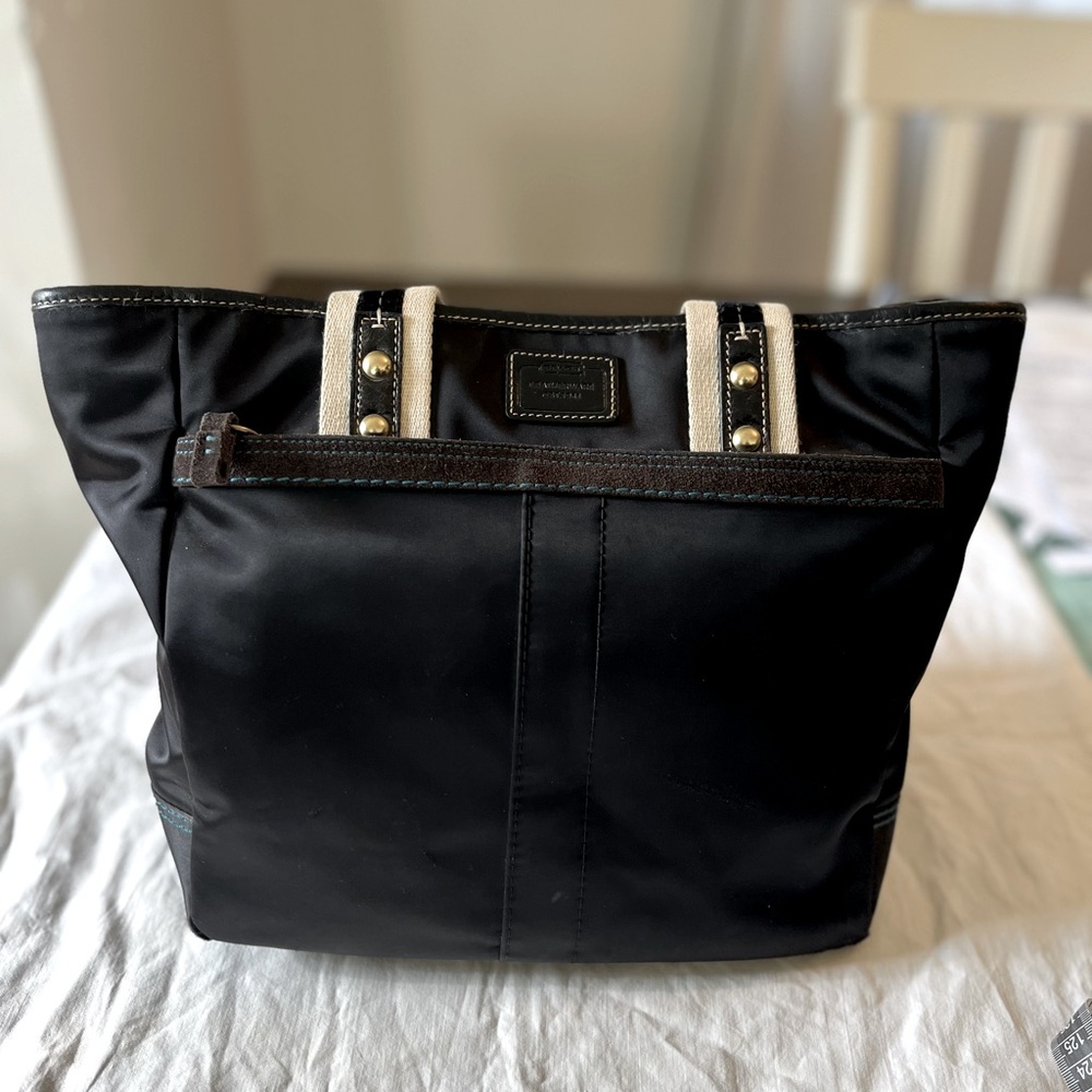 Coach black satiny fabric bag with leather accents and trim